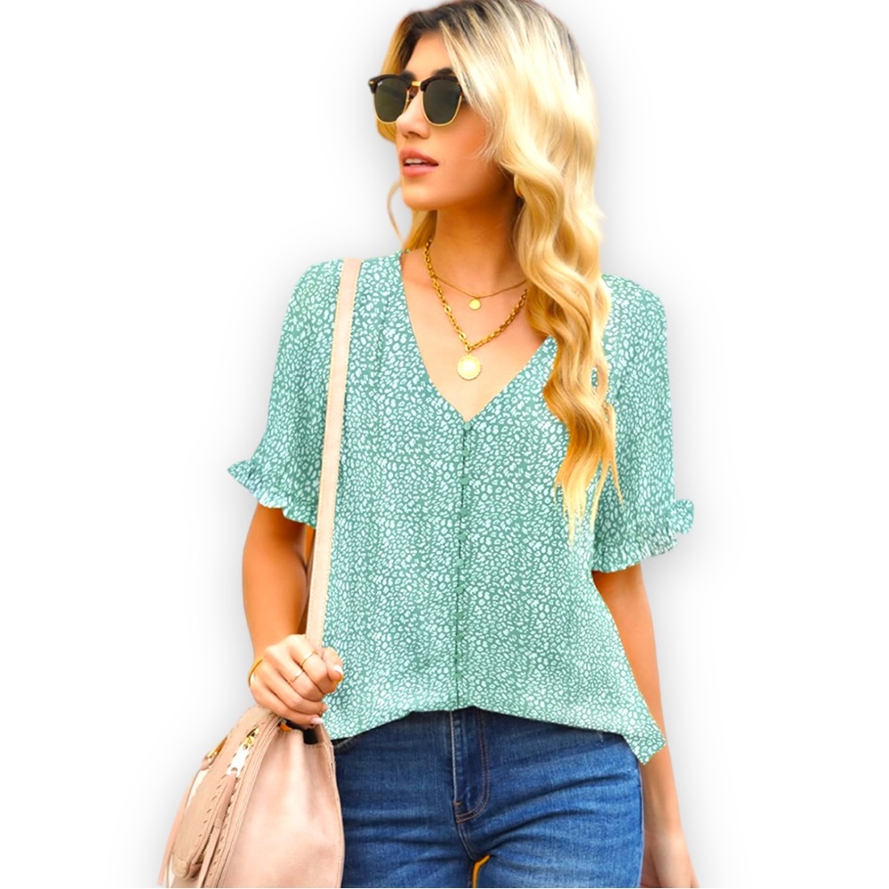 luvamia Women's Casual V Neck Top Ruffle Short Sleeve Blouse Mint Size XL NWT